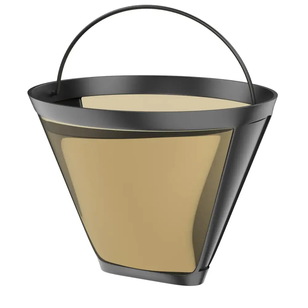 Black metal coffee maker filter with gold interior and curved handle for decorbites cone coffee reusable use