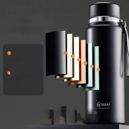 Black and silver stainless steel insulated 24hr cold cup with sianxi warmth cup branding and carrying strap