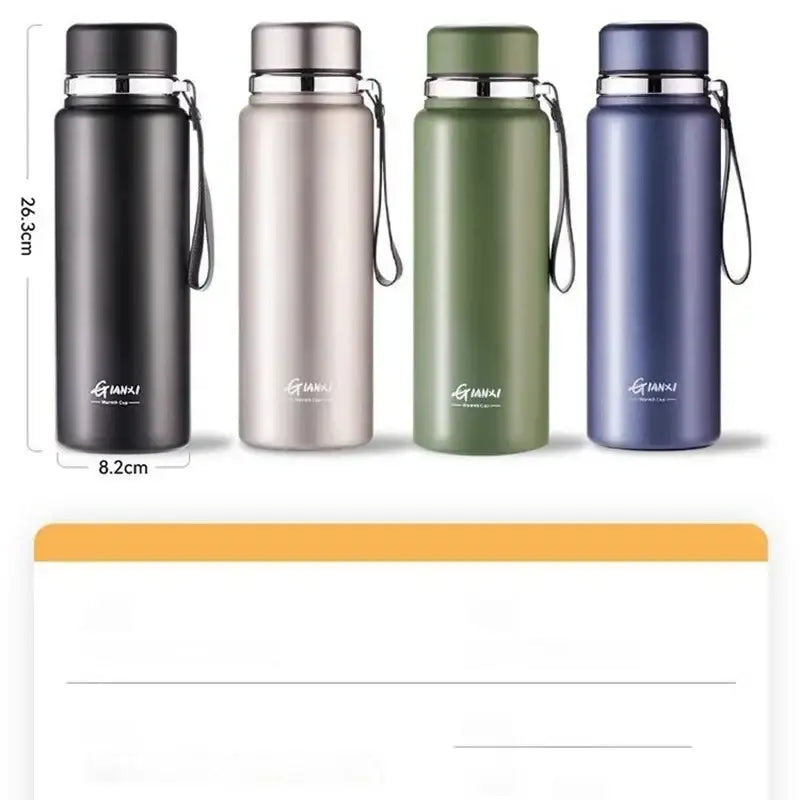 Four stainless steel 24hr cold cup bottles in matte black silver olive green and deep blue with wrist straps