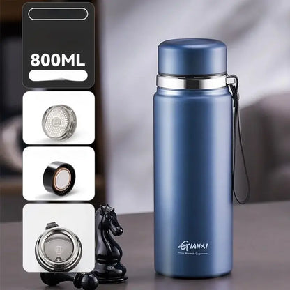 Blue metallic stainless steel 800ml insulated 24hr cold cup with silver lid and black strap by qianxi warmth cup
