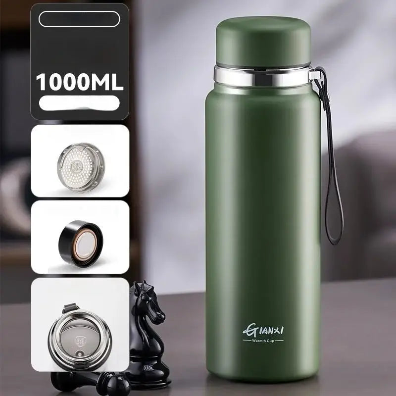 Olive green stainless steel 24hr cold cup with silver lid black strap and gianxi warmth cup branding for travel use