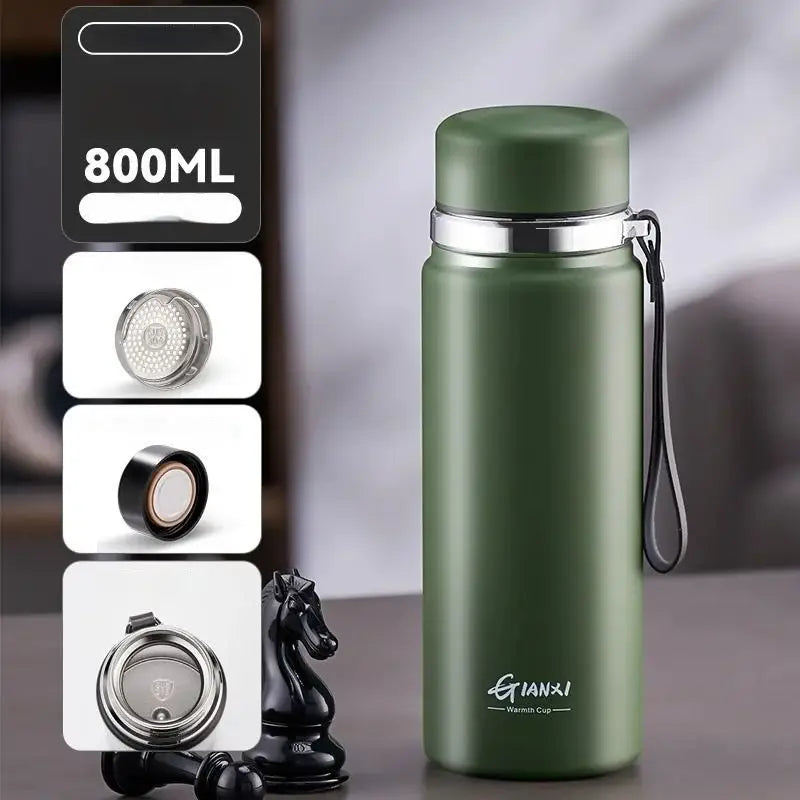 Olive green stainless steel 24hr cold cup with silver lid black strap and gianxi warmth cup branding for travel use