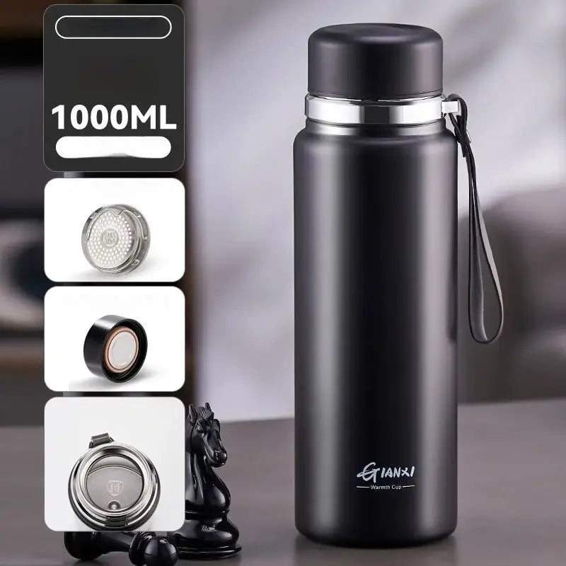 Black and silver stainless steel 1000ml insulated 24hr cold cup stainless with gianxi warmth cup branding and carrying strap
