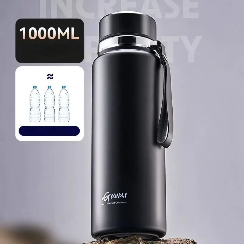Black and silver stainless steel 24hr cold cup insulated water bottle with matte finish silver rim lid and carrying strap