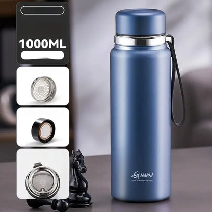 Blue metallic 1000ml insulated cold cup stainless steel with silver lid and black strap for 24hr cold cup use