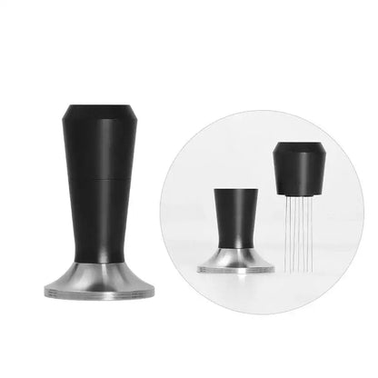 Black and stainless steel coffee distributor tamper set with textured grip handle for precise espresso tamping decorbites coffee distributor
