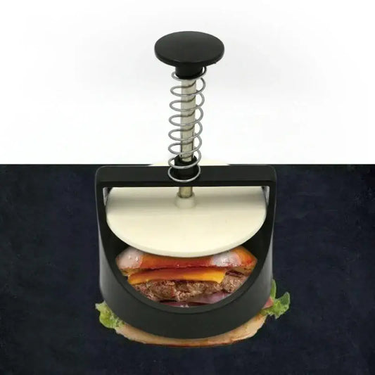 Black and white burger press with spring handle and white pressing plate by decorbites for kitchen meat making