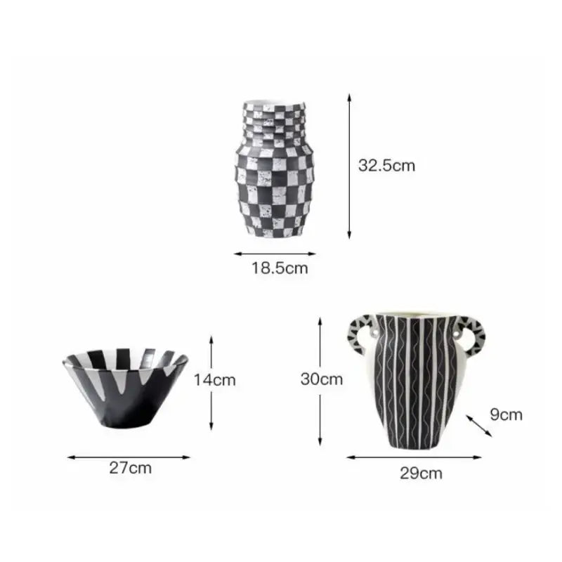 Black and white check geometric ceramic vase with textured pattern for living room floral pot decoration
