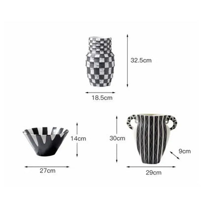 Black and white check geometric ceramic vase with textured pattern for living room floral pot decoration