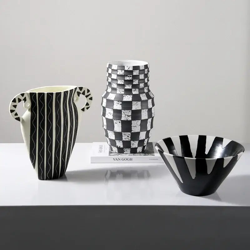 Black and white check geometric ceramic vase with textured stacked square pattern for living room floral pot