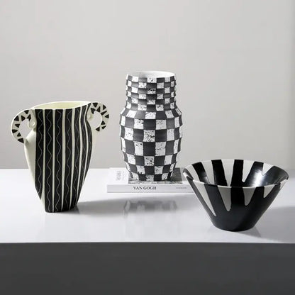 Black and white check geometric ceramic vase with textured stacked square pattern for living room floral pot
