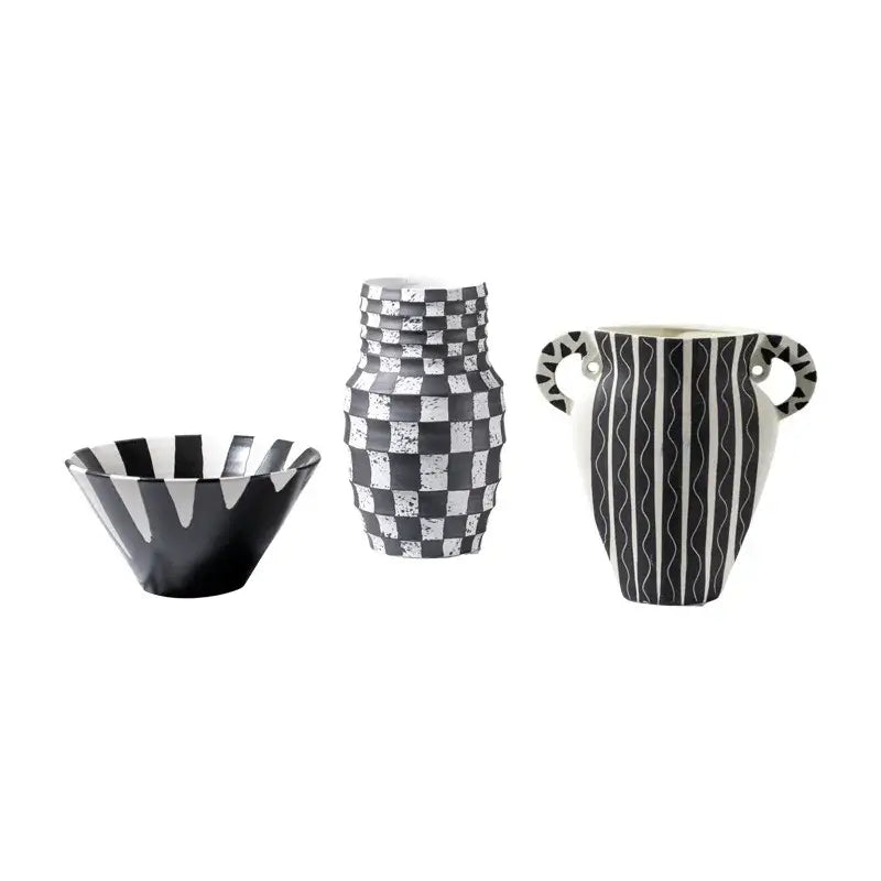 Black and white ceramic vases with black check geometric patterns ideal for living room floral display pots