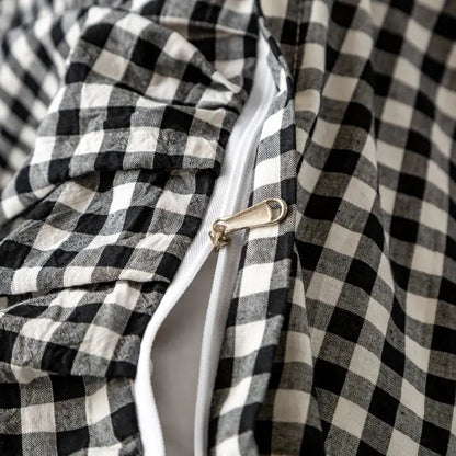 Black and white cotton plaid stripe bedding set featuring gingham fabric with silver zipper pull for bedroom decorbites cotton plaid