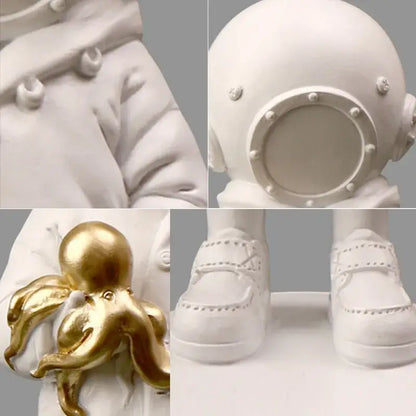 White diver girl resin statue holding a golden octopus for black and white living room octopus decor