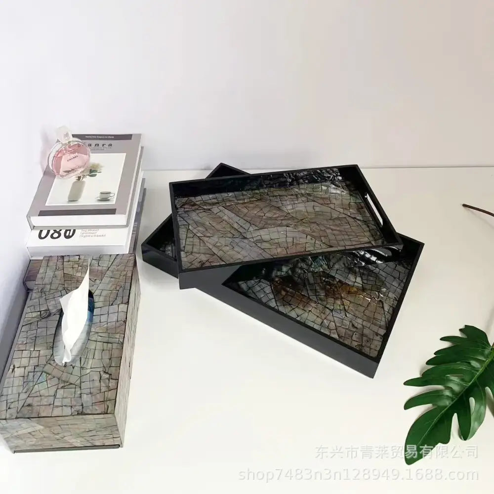 Black rectangular serving trays with mosaic textured surface resembling cracked stone for decorbites colorful shell tissue use