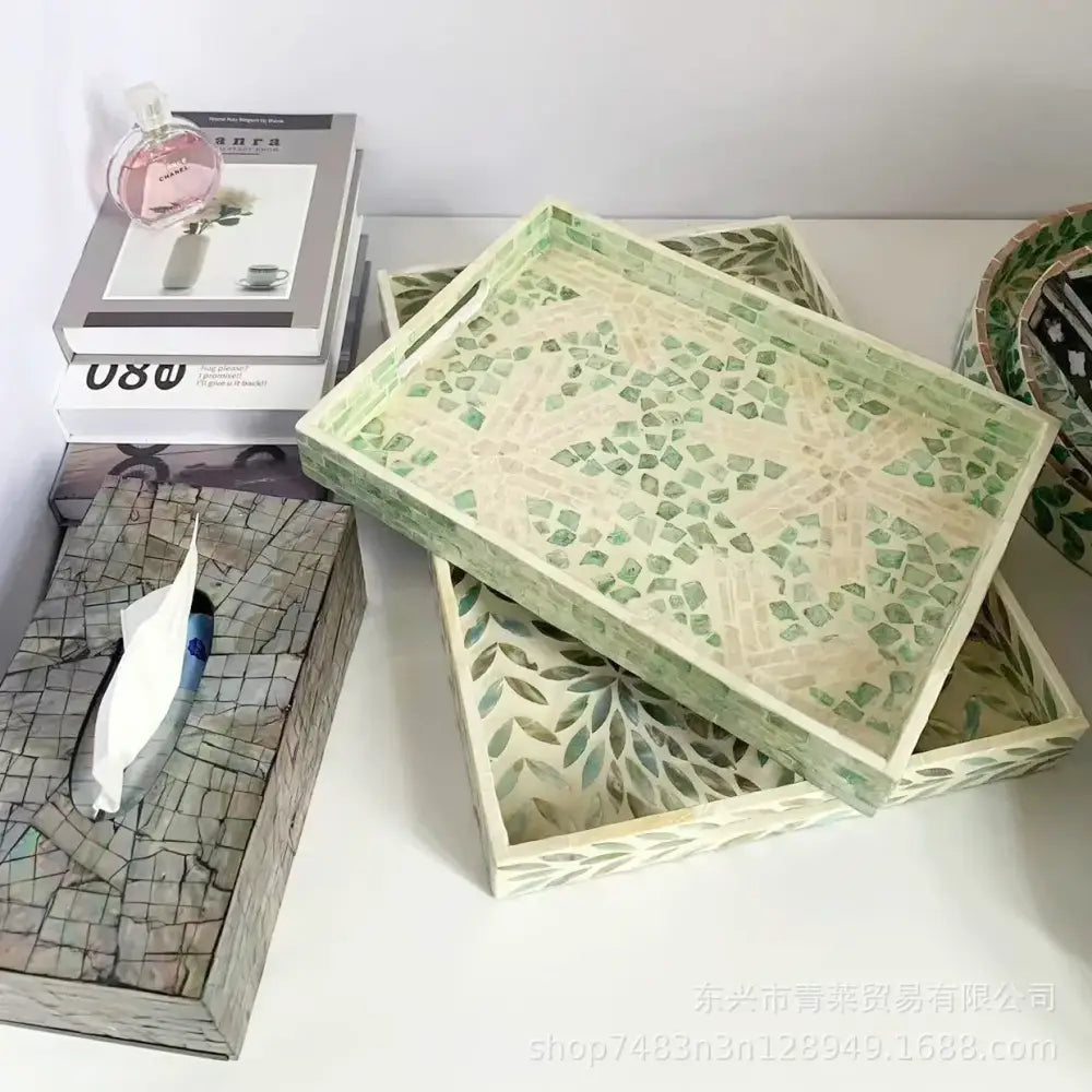 Set of three rectangular serving trays with green and cream colorful shell tissue inlay for decorbites living room decor