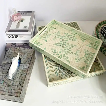 Set of three rectangular serving trays with green and cream colorful shell tissue inlay for decorbites living room decor