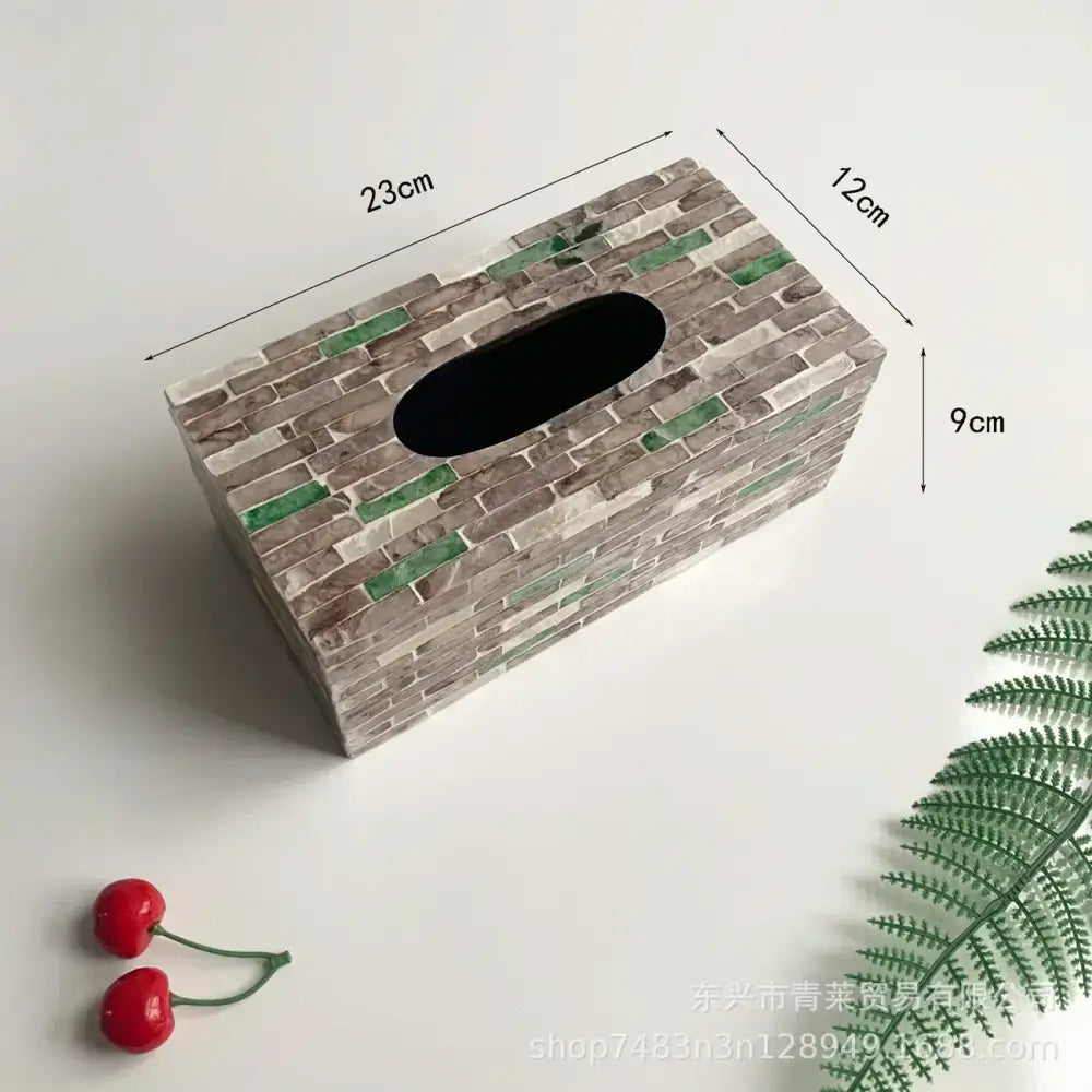 Rectangular tissue box with faux brick design in gray and green tones made of ceramic for decorbites colorful shell tissue use