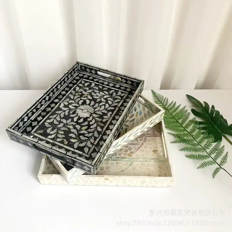 Black and white bone inlay serving tray with intricate floral design for decorbites colorful shell tissue box decor