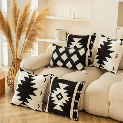 Black and white geometric embroidered cushion cover with textured embroidery for living room decor by decorbites