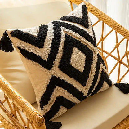 Black and cream geometric embroidered cushion cover with fringed tassels for living room decorbites decorbites geometric embroidered design