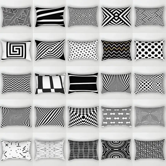 A collection of black and white geometric wave line rectangular pillowcases arranged in a grid for bedroom decor