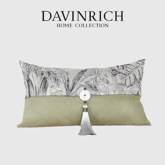 A davinrich home collection pillow cover with black and white green jungle plants print and olive green suede panel