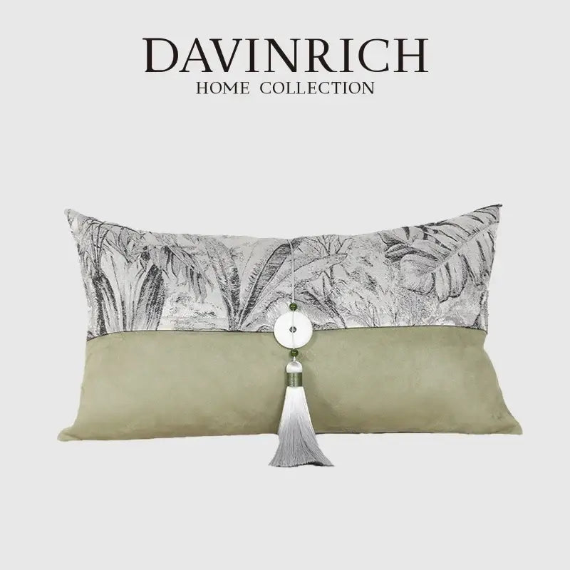 A davinrich home collection pillow cover with black and white green jungle plants print and olive green suede panel