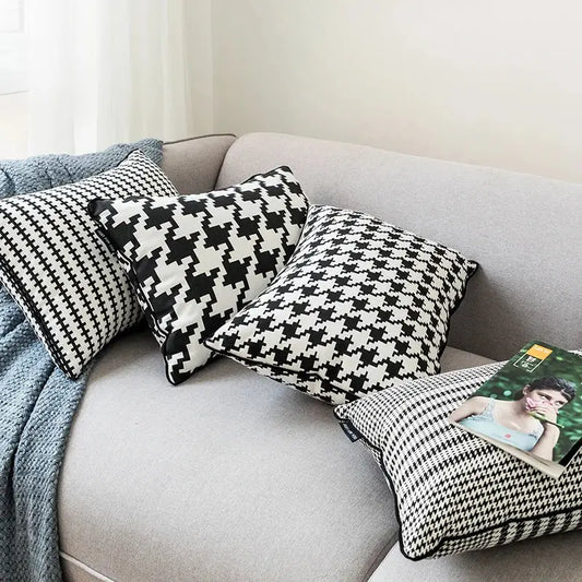 Black and white hounds tooth cushion cover with soft textured fabric for living room decorbites hounds tooth pillow