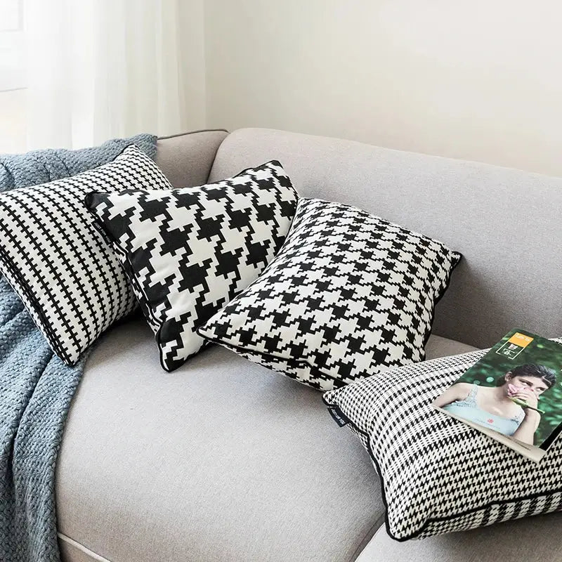 Black and white hounds tooth cushion cover with soft textured fabric for living room decorbites hounds tooth pillow