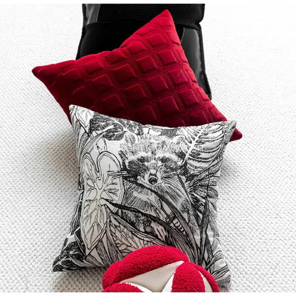 Red velvet pillow cover with quilted diamond pattern for decorbites jungle plant raccoon living room decor