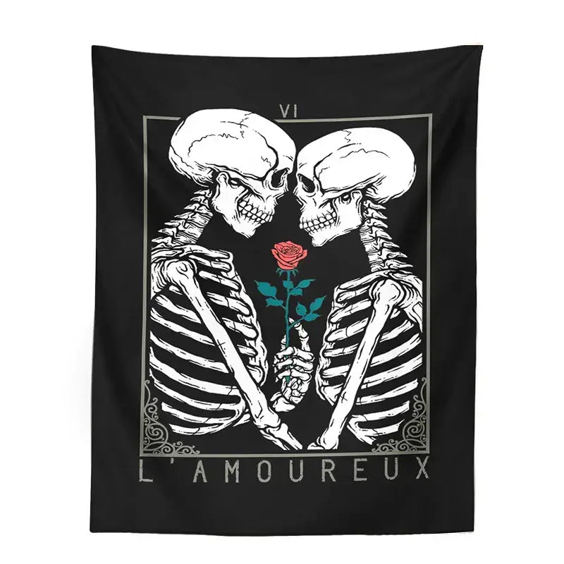 Black and white kissing lovers tarot tapestry featuring two skeletons holding a red rose for bedroom decorbites decor