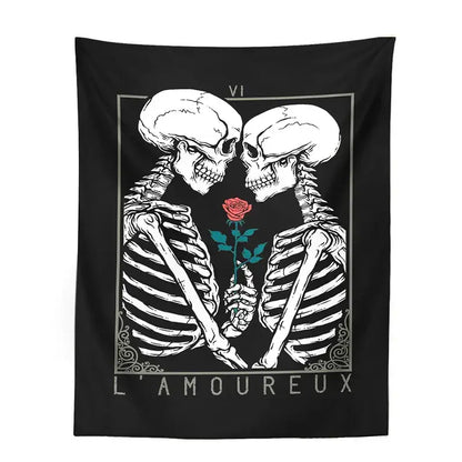 Black and white kissing lovers tarot tapestry featuring two skeletons with a red rose for bedroom wall decorbites decor