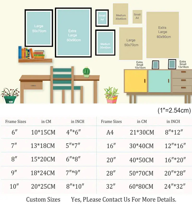 A chart showing frame sizes in cm and inches for decorbites™ black and white nordic landscape canvas set