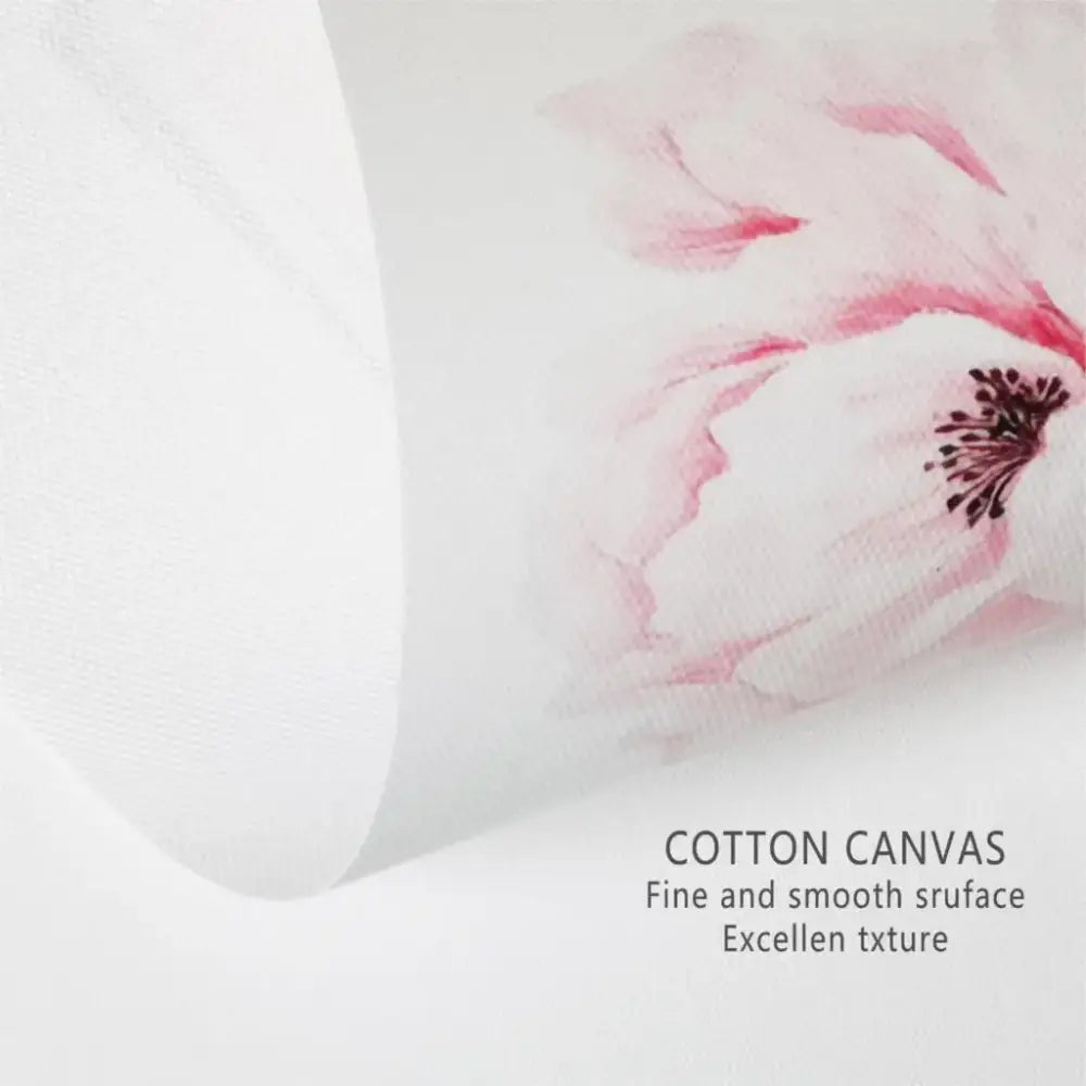 Delicate pink watercolor flower design printed on soft white cotton canvas in decorbites™ black and white nordic landscape canvas set
