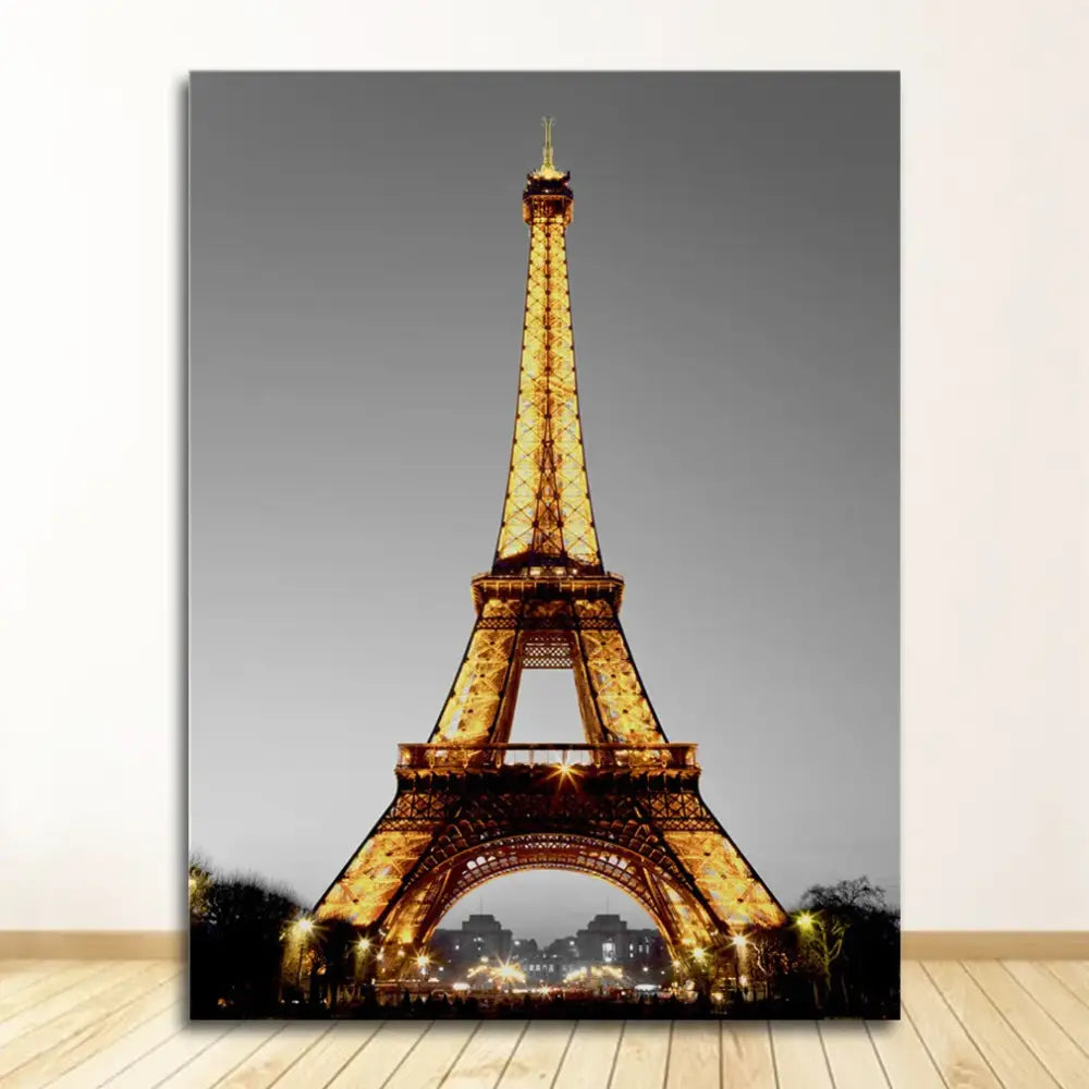 Decorbites™ black and white nordic landscape canvas set featuring a golden-lit eiffel tower print on gray background