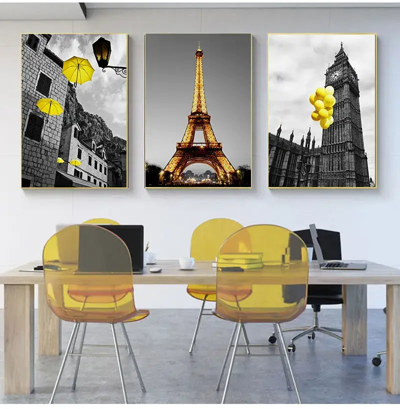 Decorbites™ black and white nordic landscape canvas set featuring three framed prints with yellow accents of iconic landmarks