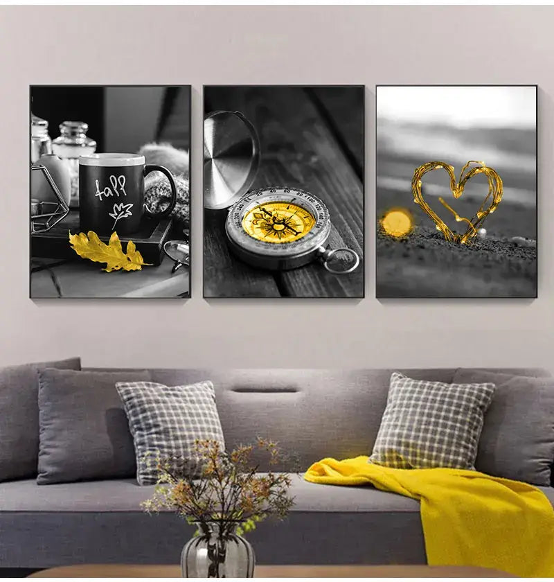 Decorbites black and white nordic landscape canvas set featuring three framed wall art panels with coffee mug compass and heart design