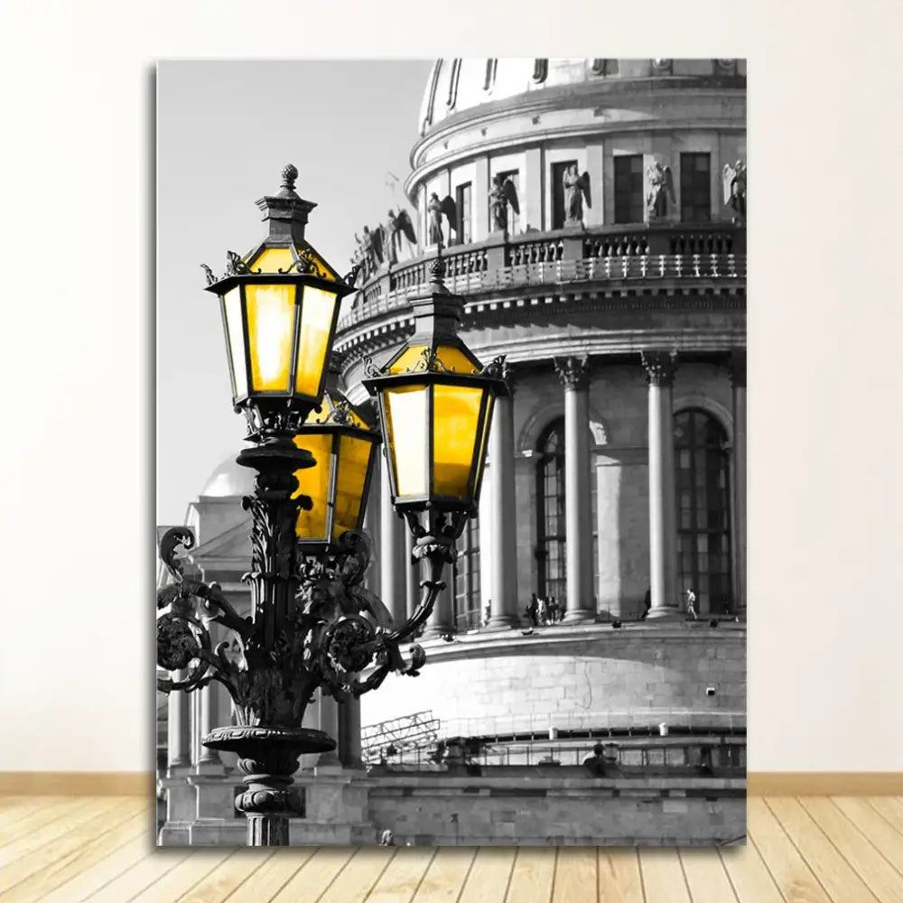 Decorbites™ black wrought iron street lamp with three amber lanterns complements white nordic landscape canvas set