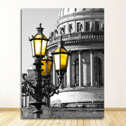 Decorbites™ black wrought iron street lamp with three amber lanterns complements white nordic landscape canvas set