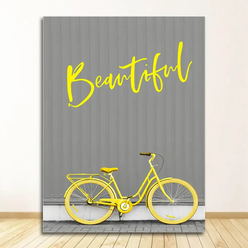 Decorbites™ black and white nordic landscape canvas set featuring yellow bicycle art and beautiful script on gray canvas