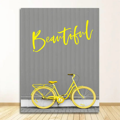Decorbites™ black and white nordic landscape canvas set featuring yellow bicycle art and beautiful script on gray canvas