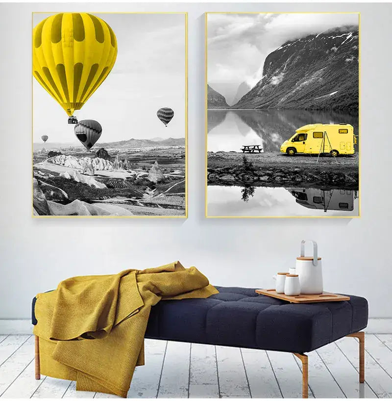 DecorBites™ yellow hot air balloon canvas print with black and white nordic landscape background in landscape canvas set