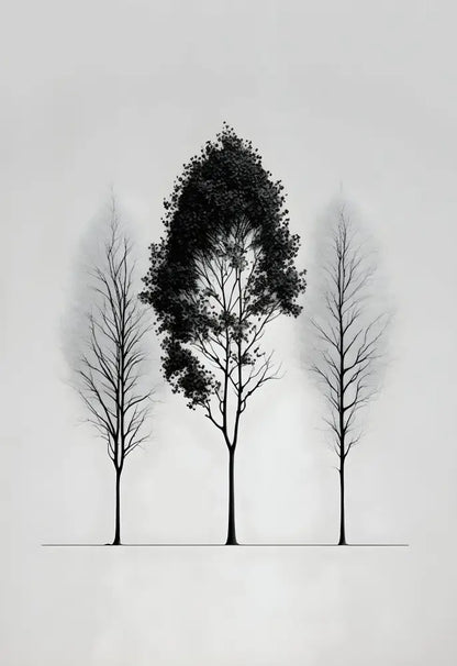 Decorbites™ black and white mountain tree landscape wall art with three stylized trees featuring a dense white mountain tree center