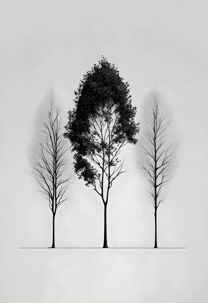 Decorbites™ black and white mountain tree landscape wall art with three stylized trees featuring a dense white mountain tree center