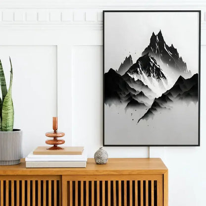 Black-framed minimalist DecorBites™ wall art featuring a white mountain tree landscape with gradient grayscale peaks
