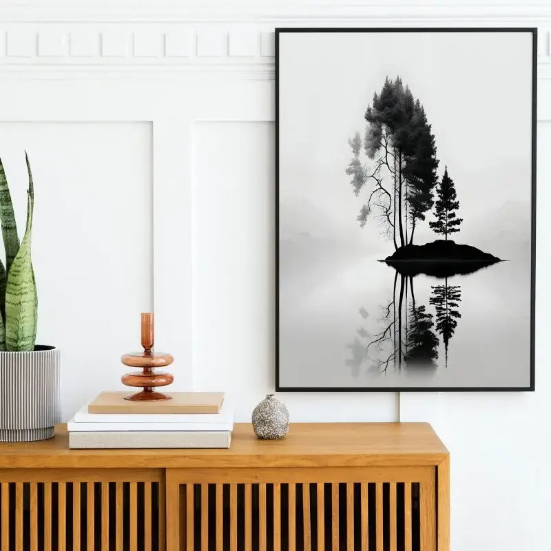 Decorbites™ black and white mountain tree landscape wall art with minimalist black frame featuring white mountain tree silhouette