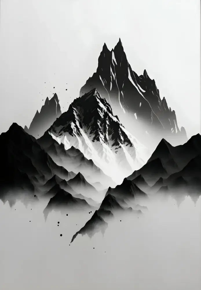 Decorbites™ black and white mountain tree landscape wall art features a striking ink wash painting of snow-capped peaks