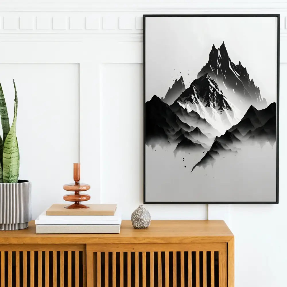 DecorBites™ sleek black framed wall art featuring a black and white mountain tree landscape print