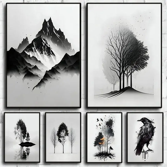 Set of six black and white mountain tree minimalist art prints by decorbites featuring ink wash landscapes with peaks and trees